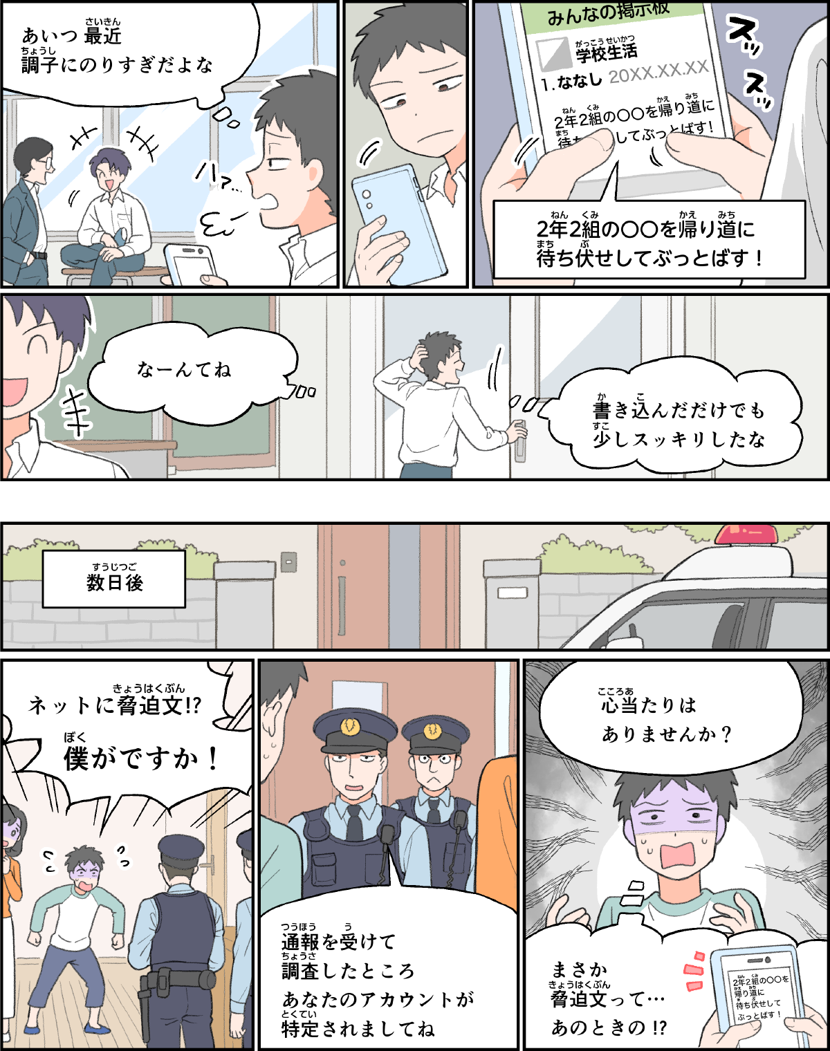 事例６。クラスメートの中に、気に入らない人がいて、その人を、ぶっとばす、と、SNSに冗談のつもりで書き込んだら、数日後に脅迫の疑いで捜査するために、警察官が自宅に来てしまったシーン。