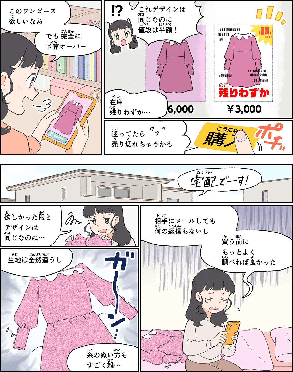 事例９。ネットで洋服を探していたところ、欲しかった服と同じデザインなのに半額になっているものが、残り僅か、と表示されたサイトを見つけたので、急いで購入してみたら、欲しかったものとデザインは同じなのに、生地が違ううえに、縫い方も雑なものだった。ショッピングサイトにそのことをメールしても何の返信もなくて、がっかりしているシーン。