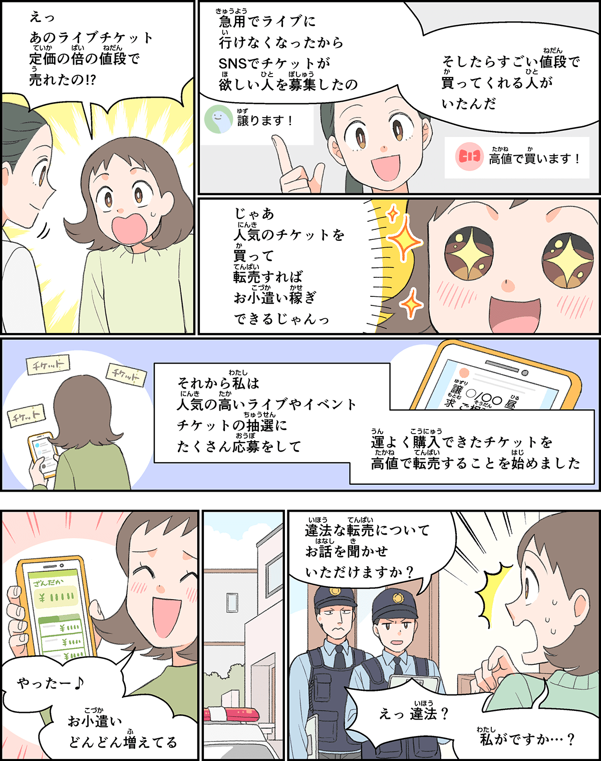 事例１１。用事が出来てしまってライブに行けなくなった友人が、チケットを、定価の倍の値段で売ったという話を聞いて、自分も人気のチケットを転売すればお小遣いになると考えて、サイトで転売することを始めたところ、後日になって、警察官が転売について話を聞きに来たことに驚いているシーン。