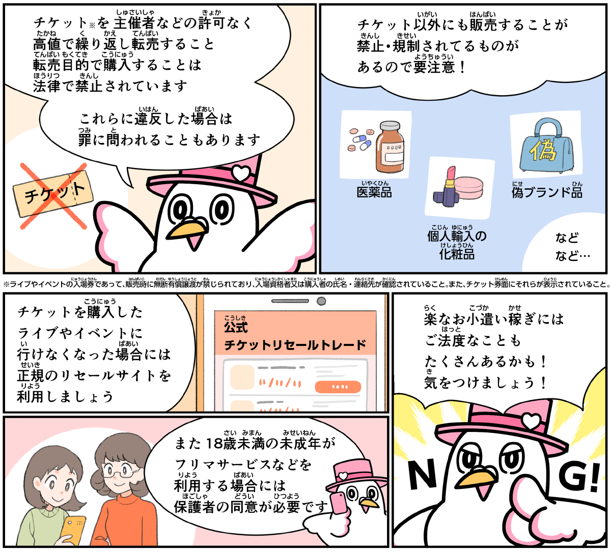事例１１解説。僕、ハートきゅんが解説します。チケットを主催者などの許可なく、高値で繰り返し転売すること、転売目的で購入することは、法律で禁止されています。これらに違反した場合は、罪に問われることもあります。また、チケット以外にも、偽ブランド品など、販売することが禁止規制されているものがあるので要注意です。チケットを購入したライブやイベントに行けなくなった場合には、正規のリセールサイトを利用しましょう。18歳未満の未成年がフリマサービスなどを利用する場合は保護者の同意が必要です。楽なお小遣い稼ぎには御法度なこともたくさんあるかも。気をつけましょう。