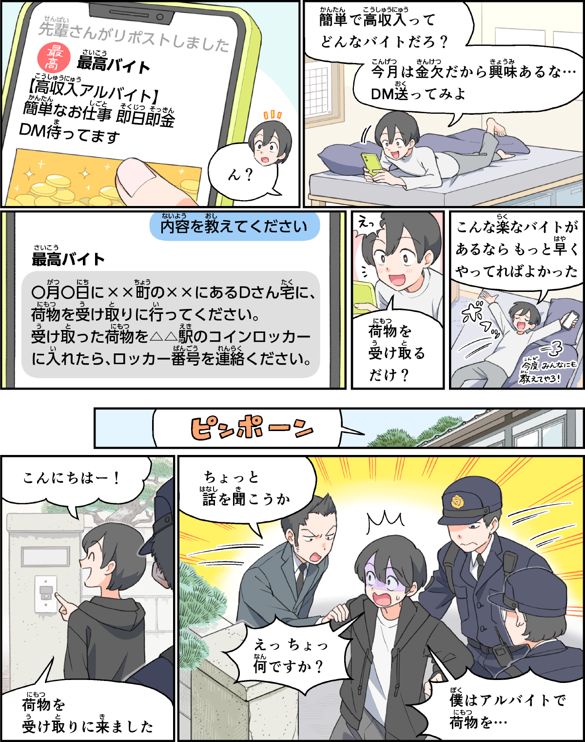 事例１２。ネットでアルバイトを探していたら、簡単で高収入、といったものを見つけた。仕事の内容は、荷物を受け取るだけ、となっていたので、楽なバイトが見つかったと喜んで、個人の家に荷物を受け取りに行ったら、いきなり警察官に取り囲まれるシーン。