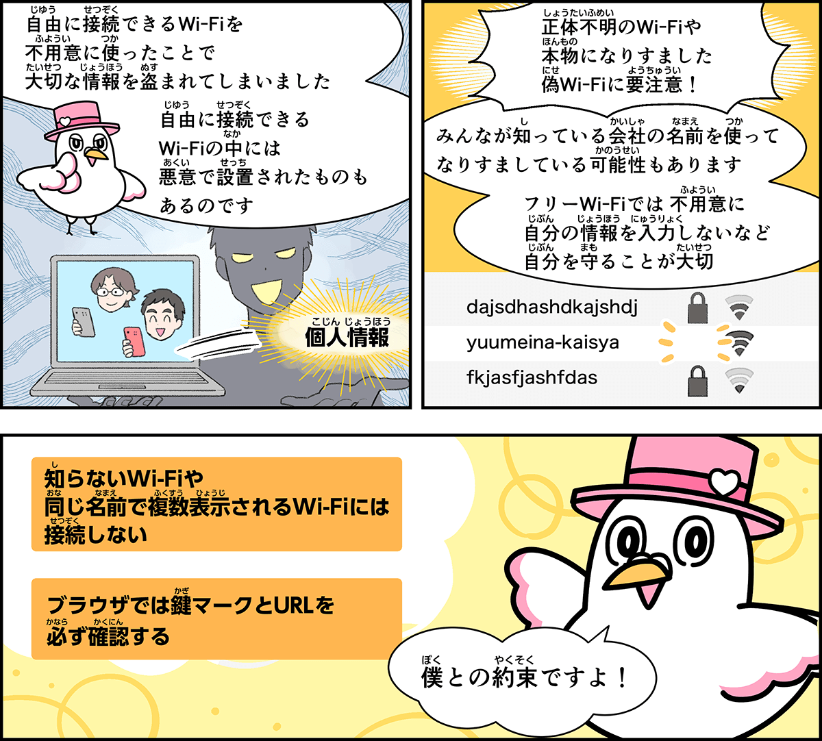事例１４解説。僕、ハートきゅんが解説します。自由に接続できるワイファイを不用意に使ったことで、大切な情報を盗まれてしまいました。自由に接続できるワイファイの中には、悪意で設置されたものもあるのです。正体不明のワイファイや本物になりすましたワイファイに要注意。みんなが知っている会社の名前を使ってなりすましている可能性もあります。フリーワイファイでは、不用意に自分の情報を入力しないなど、自分を守ることが大切です。知らないワイファイや、同じ名前で複数表示されるワイファイには接続しない。ブラウザでは鍵マークとURLを必ず確認する。僕との約束ですよ。