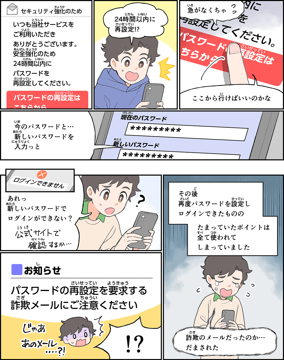 事例１５。サービス運営会社から、セキュリティ強化のためにパスワードの再設定を促すメールが届いたので、メールに書いてあった設定サイトにアクセスして、現在のパスワードと新しいパスワードを入力した。その後、新しいパスワードでログインできなくなったため、運営会社に問い合わせたところ、そのメールは詐欺のものであって、アカウントが乗っ取られてポイントを使われてしまったシーン。