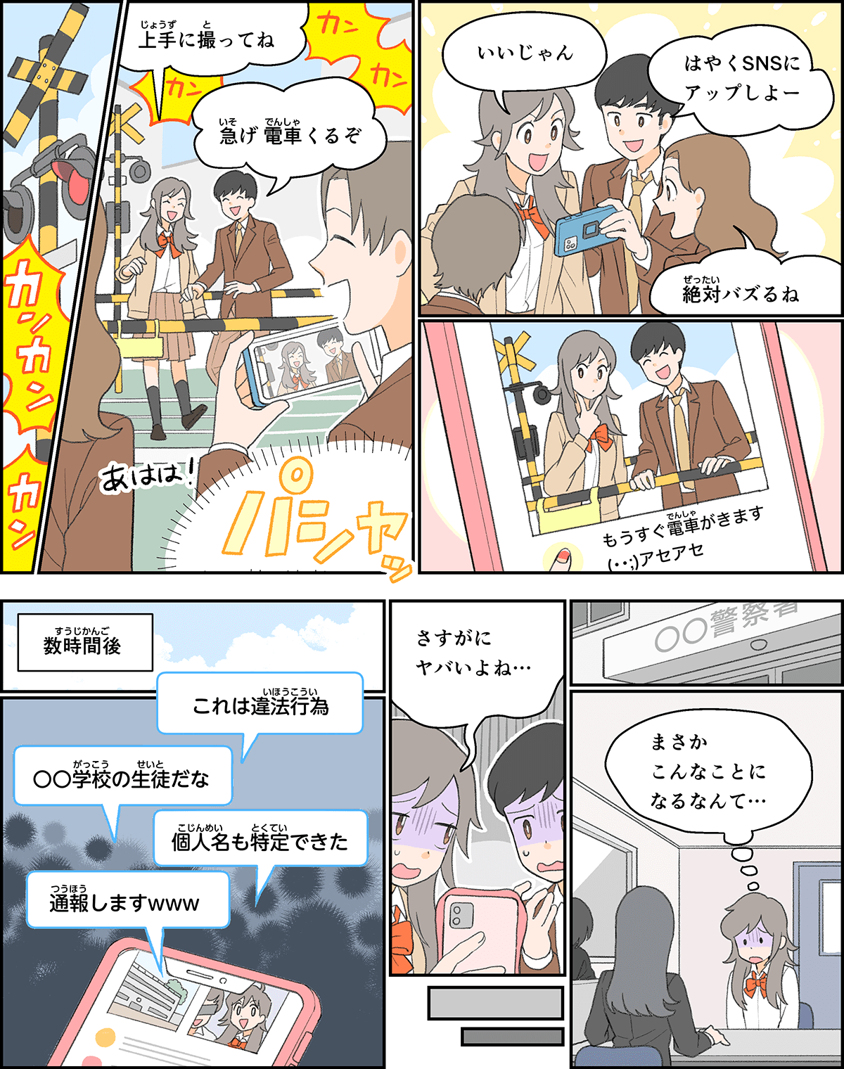 事例１８。ＳＮＳで目立ちたかったので、友人たちが警報機が鳴っている線路内に立ち入っているところを撮影して、それをSNSに投稿したところ、数時間後には、違法行為だ、とか、学校や名前が特定されて、大騒ぎになってしまうシーン。