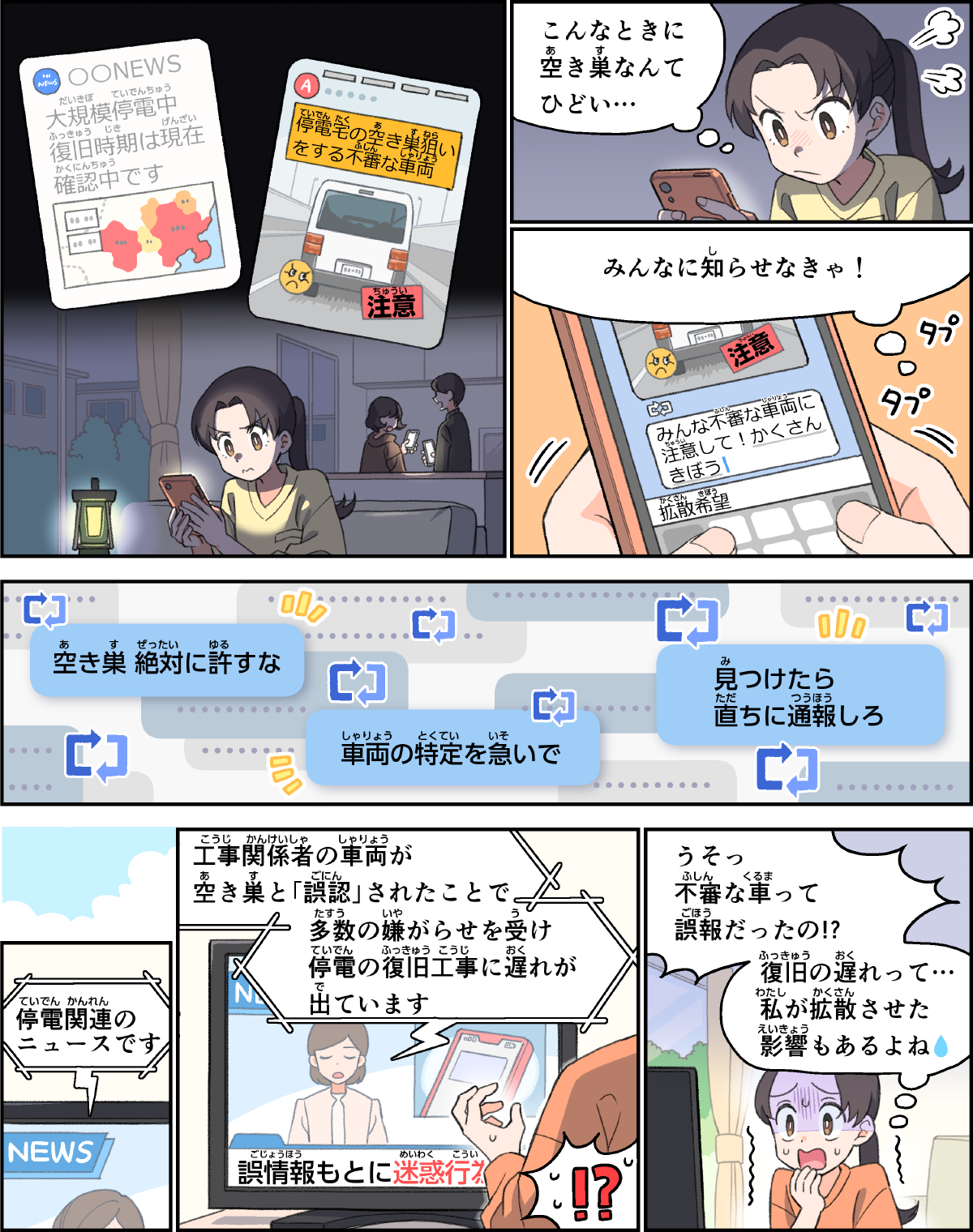 事例２１。大規模な災害で停電が続いている中でSNSを見たら、停電中に空き巣狙いの不審な車両がいるので注意するようにとの呼びかけを見た。みんなが困っているときに、空き巣なんて、と思い、知り合いにもその情報を伝えて拡散したが、後日のニュースで、工事関係者の車両が、空き巣であると誤認されて、嫌がらせを受けた結果、停電の復旧工事に影響がでていることを知って、自分の誤った情報の拡散が多くの人に影響してしまったことに愕然とするシーン。