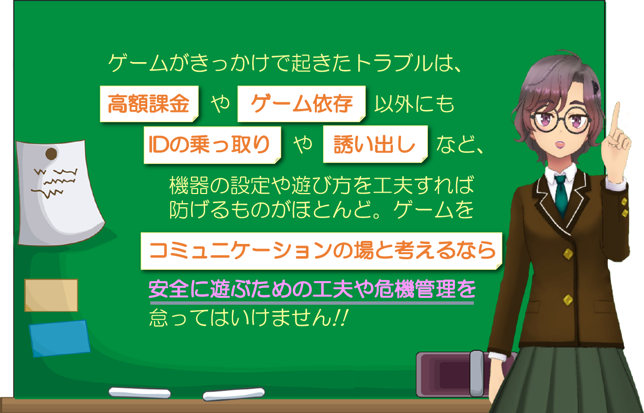 ゲームがきっかけで起きたトラブルは、高額課金やゲーム依存以外にもIDの乗っ取りや誘い出しなど、機器の設定や遊び方を工夫すれば防げるものがほとんど。ゲームをコミュニケーションの場と考えるなら安全に遊ぶための工夫や危機管理を怠ってはいけません