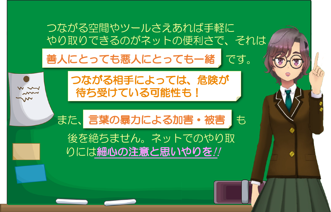 つながる空間やツールさえあれば手軽にやり取りできるのがネットの便利さで、それは善人にとっても悪人にとっても一緒です。つながる相手によっては、危険が待ち受けている可能性も！また、言葉の暴力による加害・被害も後を絶ちません。ネットでのやり取りには細心の注意と思いやりを